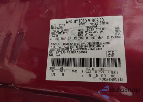 2011 Ford Ranger Xlt from USA, damaged, VIN 1FTLR4FE3BPA36997